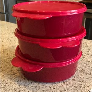 3 red sparkly bowls